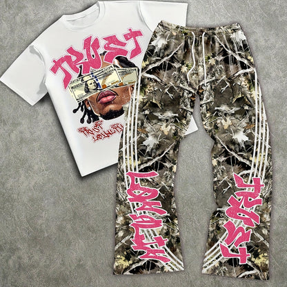 Men's suit short-sleeved T-shirt and long pants